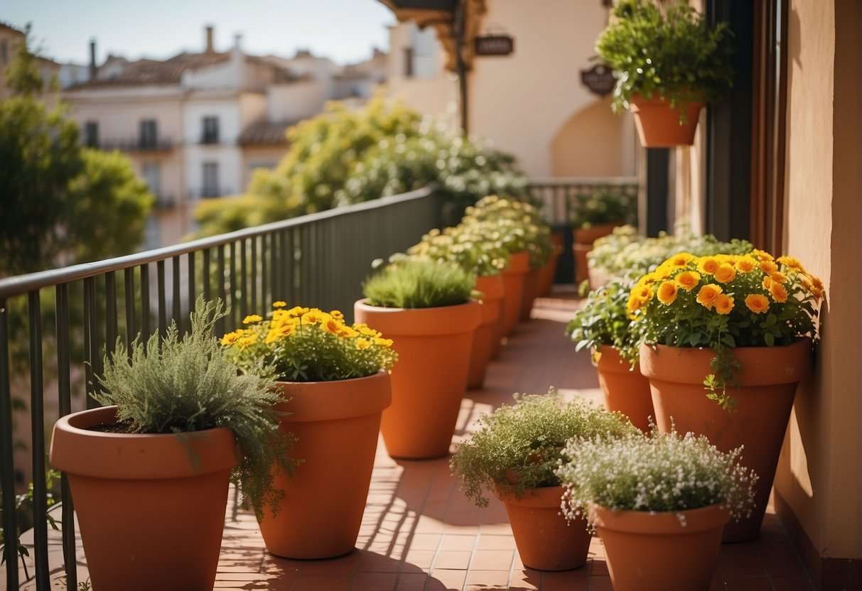 Lush greenery cascades from terracotta pots on a sunny balcony. Colorful flowers and herbs thrive in the warm climate of Seville, creating a vibrant and inviting space