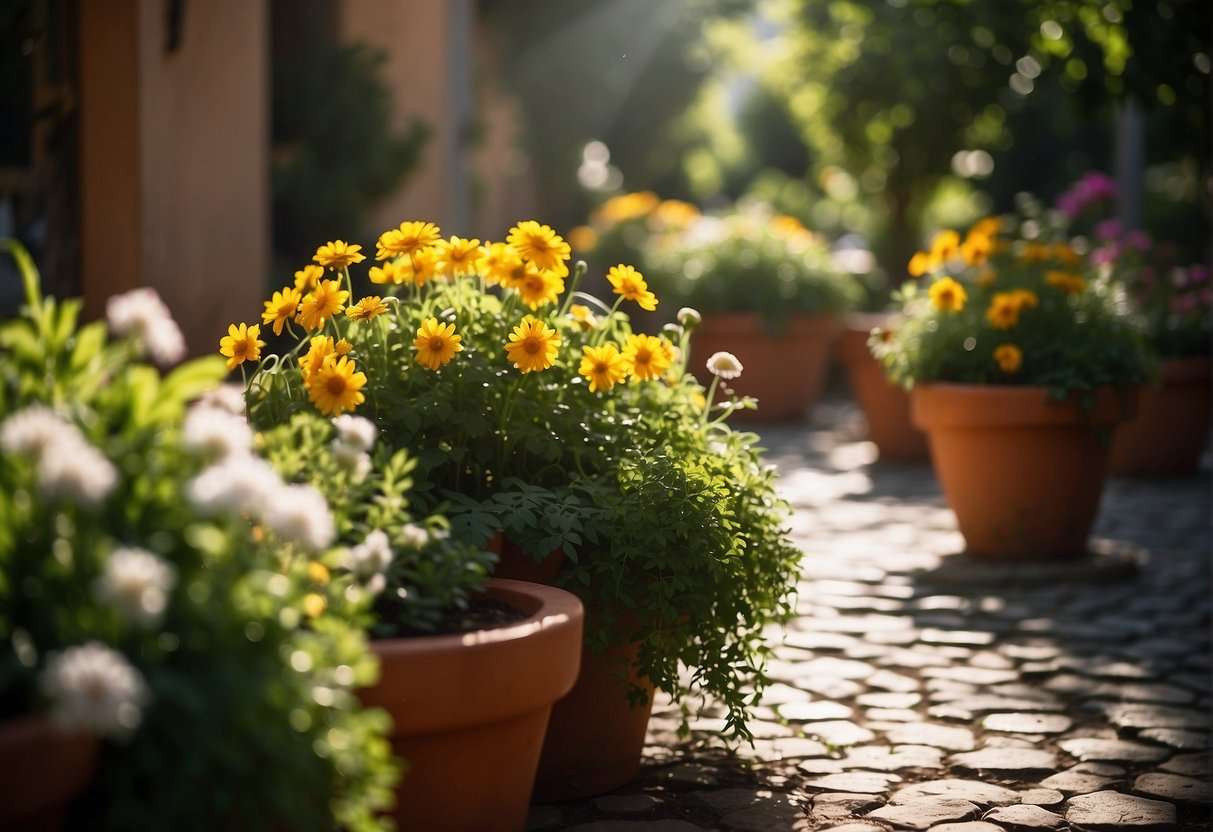 Sunlight filters through lush greenery, casting dappled shadows on the stone pathway. Colorful blooms spill from terracotta pots, and the sound of trickling fountains fills the air
