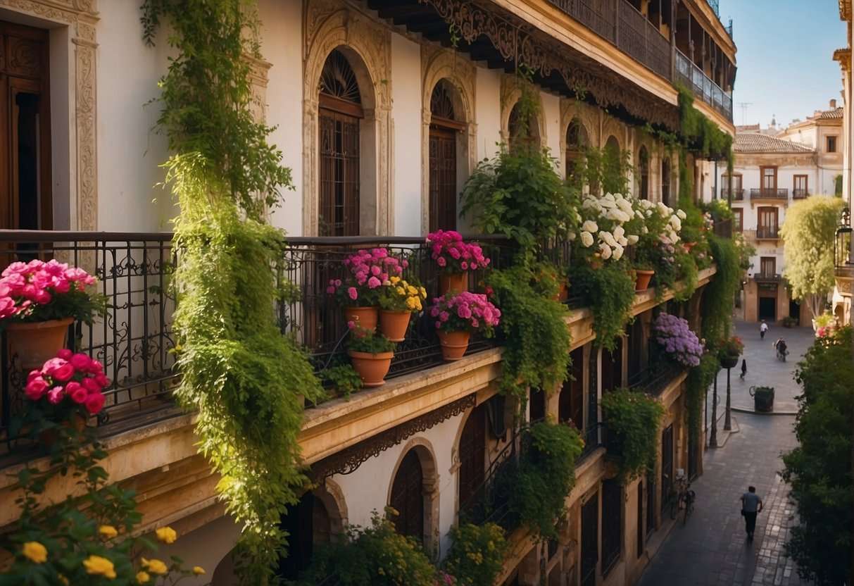 Lush greenery cascades from ornate balconies in historic Seville. Colorful flowers and trailing vines create a picturesque scene against the backdrop of traditional architecture