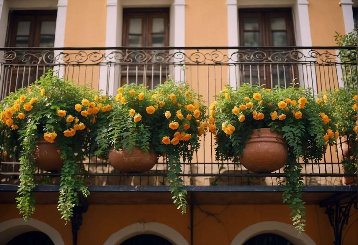 Lush greenery cascades over wrought iron balconies in Seville's public gardens. Vibrant flowers bloom amidst terracotta pots, creating a picturesque scene