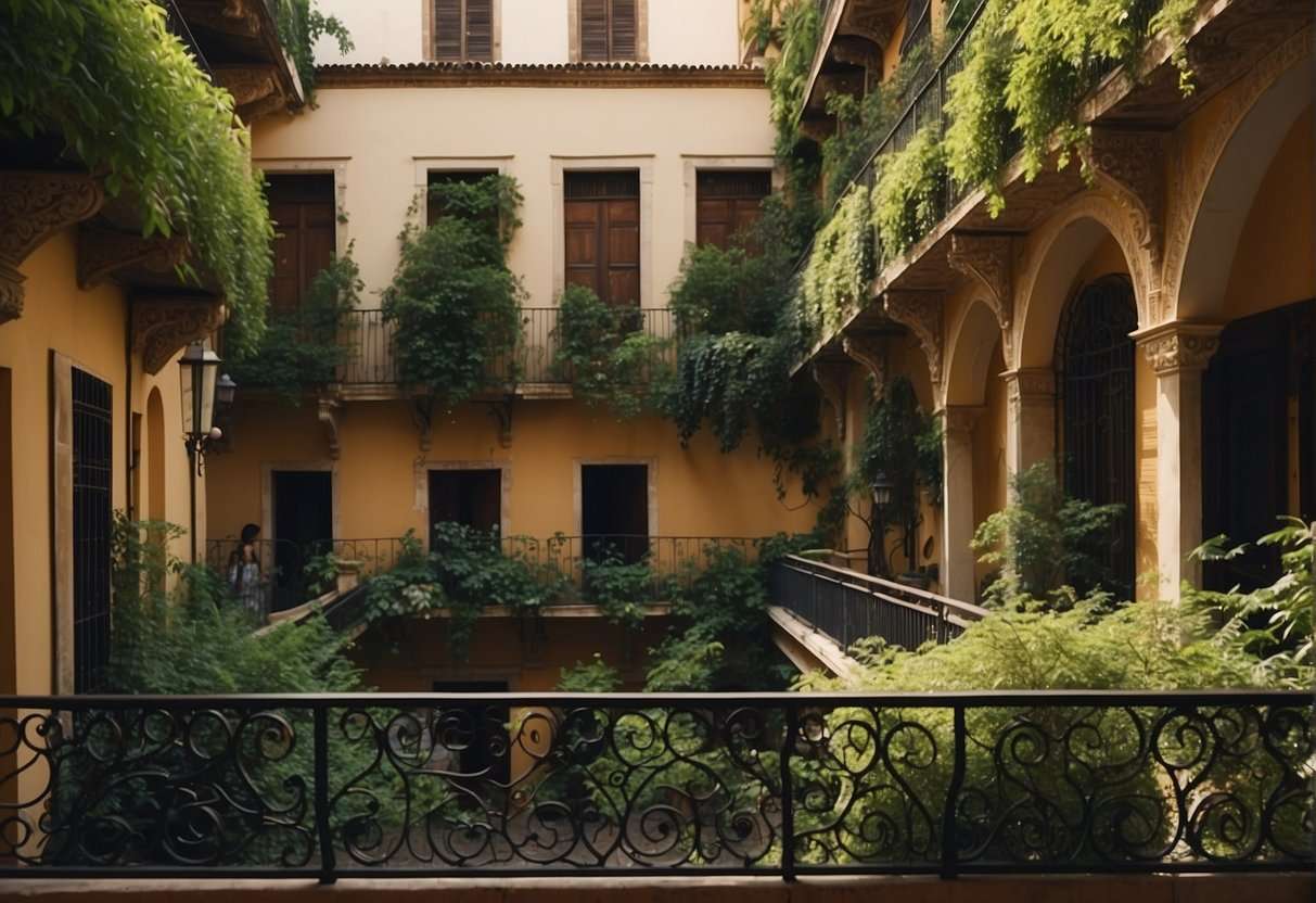 Lush greenery cascades from ornate balconies, framing the charming streets of Seville. The vibrant colors and intricate designs reflect the cultural significance of gardens in this historic city