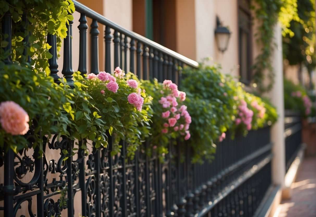 Lush greenery spills over ornate iron railings of Seville's balcony gardens. Colorful blooms and cascading vines create a vibrant and serene urban oasis