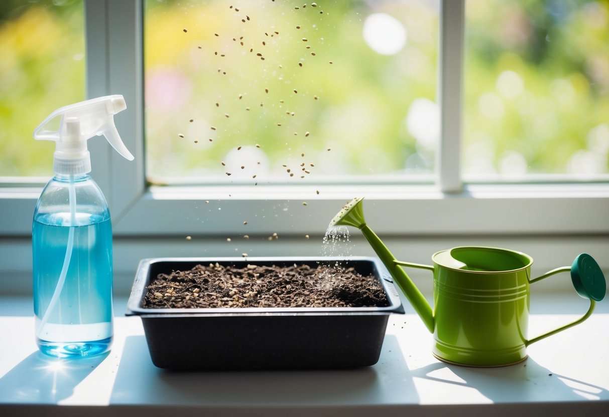 A small tray filled with soil, scattered with tiny seeds, sits on a sunny windowsill. A spray bottle and a small watering can are nearby