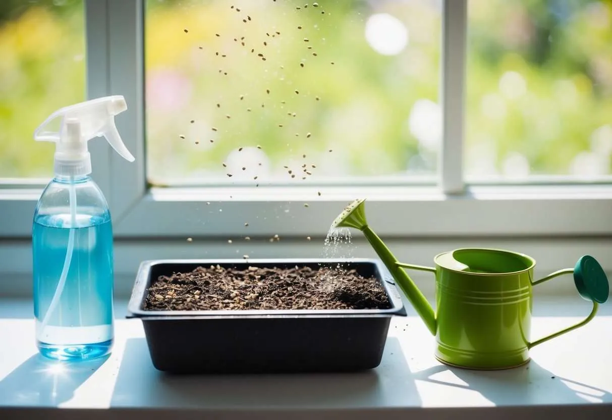 A small tray filled with soil, scattered with tiny seeds, sits on a sunny windowsill. A spray bottle and a small watering can are nearby