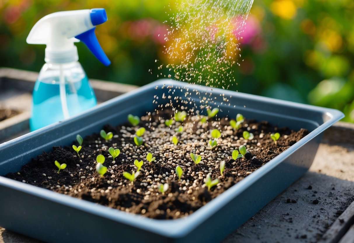 A small tray filled with soil, tiny seeds being sprinkled on top, and the tray covered with a thin layer of soil. A spray bottle nearby for watering