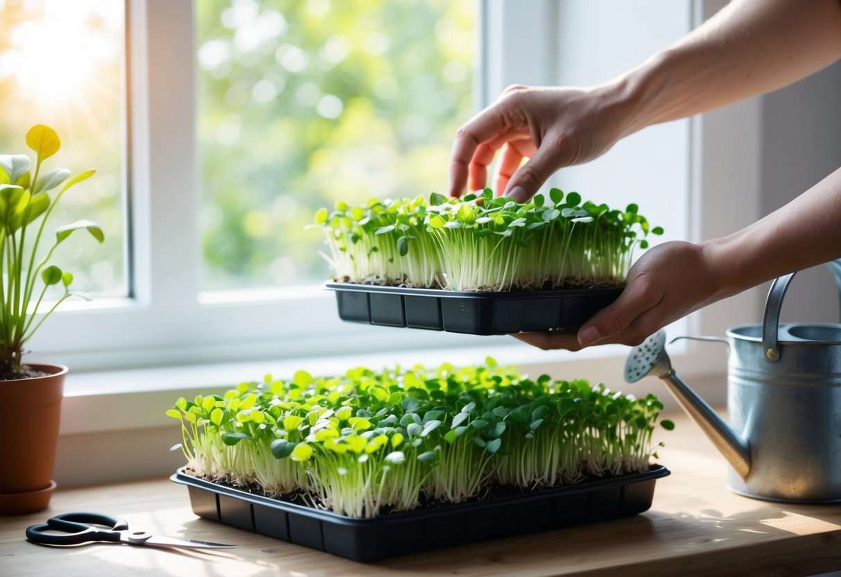 A hand reaching for a tray of freshly harvested microgreens, with small scissors and a watering can nearby. The sun streams in through a nearby window, illuminating the vibrant green leaves