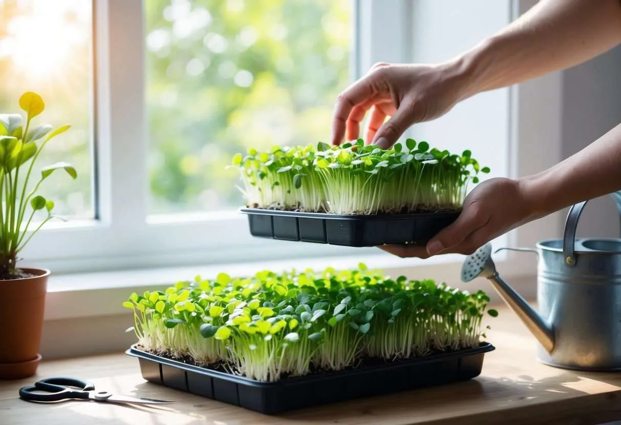 A hand reaching for a tray of freshly harvested microgreens, with small scissors and a watering can nearby. The sun streams in through a nearby window, illuminating the vibrant green leaves