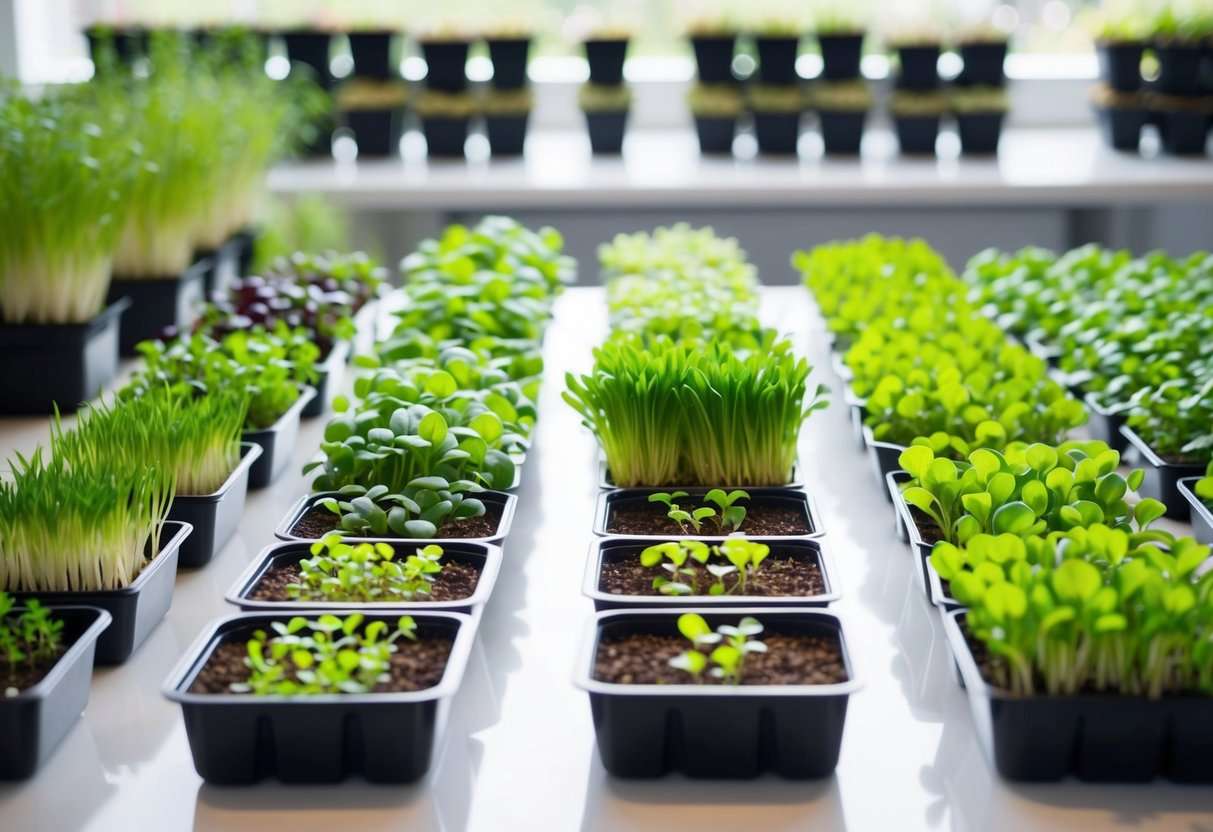 A variety of fresh microgreens arranged in rows on a clean, well-lit surface, with small containers for growing and harvesting visible in the background