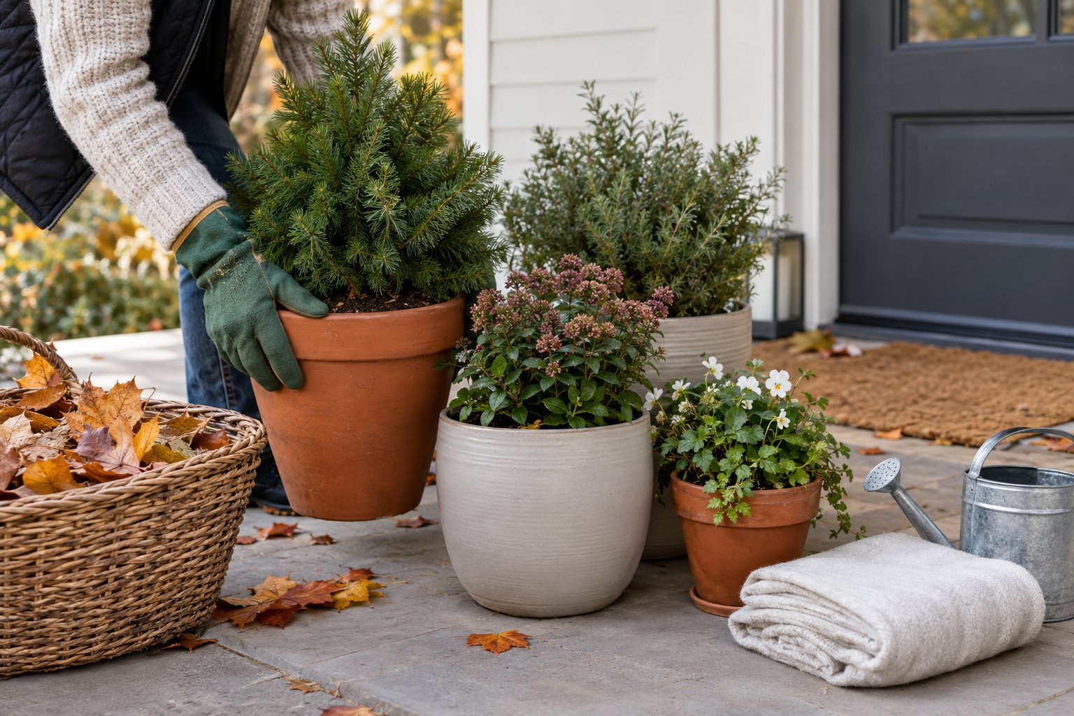 A gardener moves potted plants onto a sheltered porch as autumn leaves gather nearby.