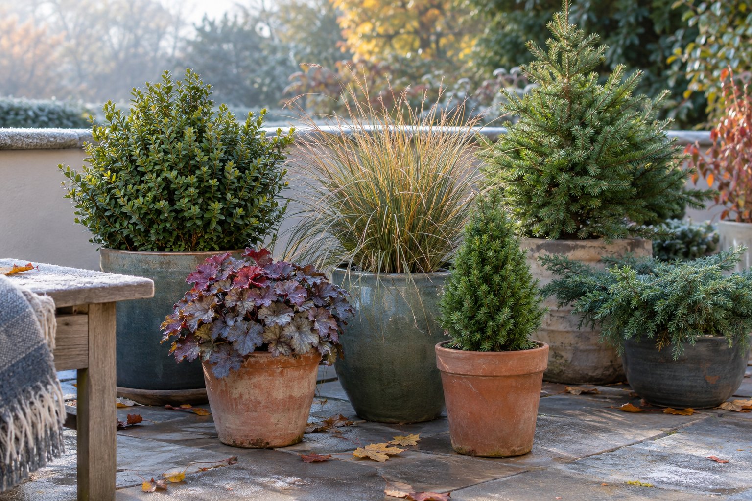 Hardy plants in outdoor pots arranged on a patio as autumn temperatures begin to drop.