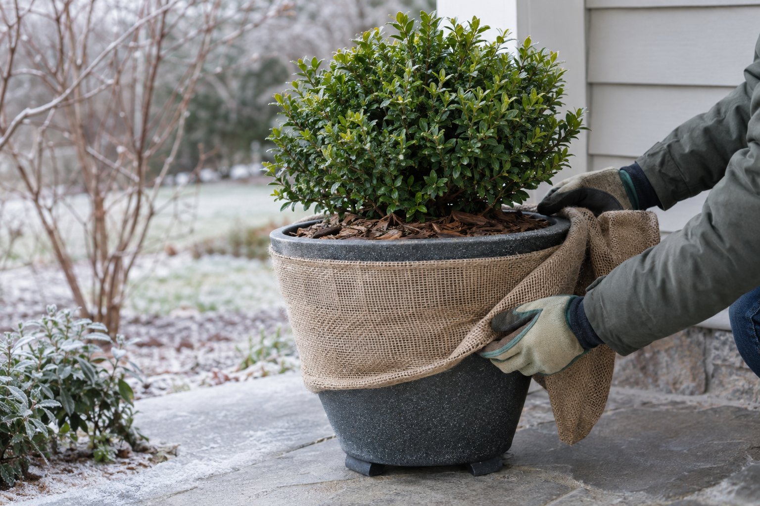 A gardener wraps a potted evergreen plant for cold weather.