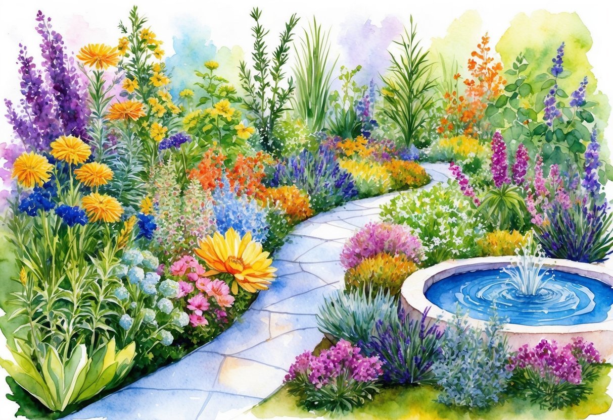 A vibrant sensory garden filled with colorful flowers, textured plants, and fragrant herbs, with a winding path and a bubbling water feature