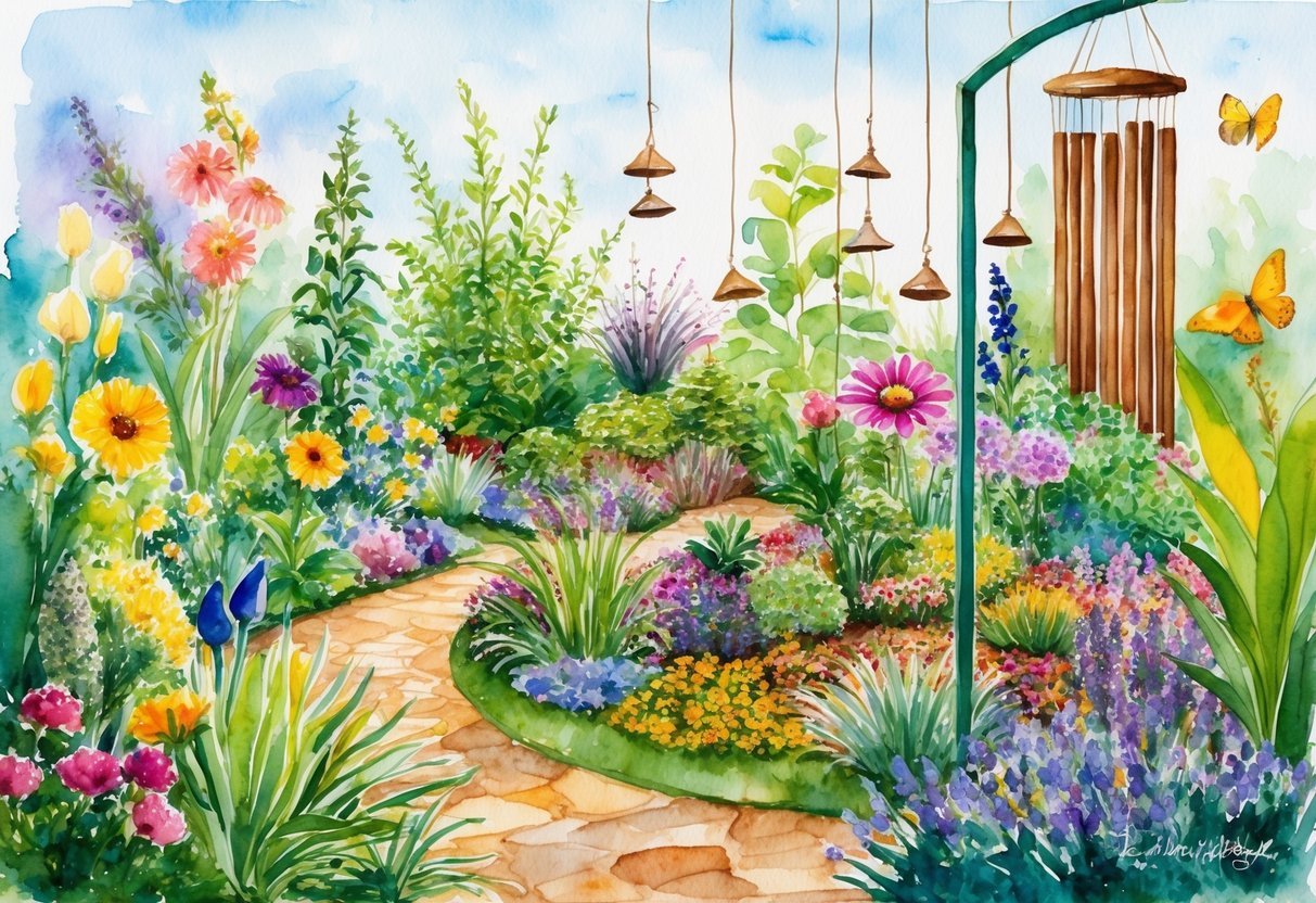 A colorful array of plants and interactive features fill a vibrant sensory garden, including fragrant flowers, textured paths, and musical chimes