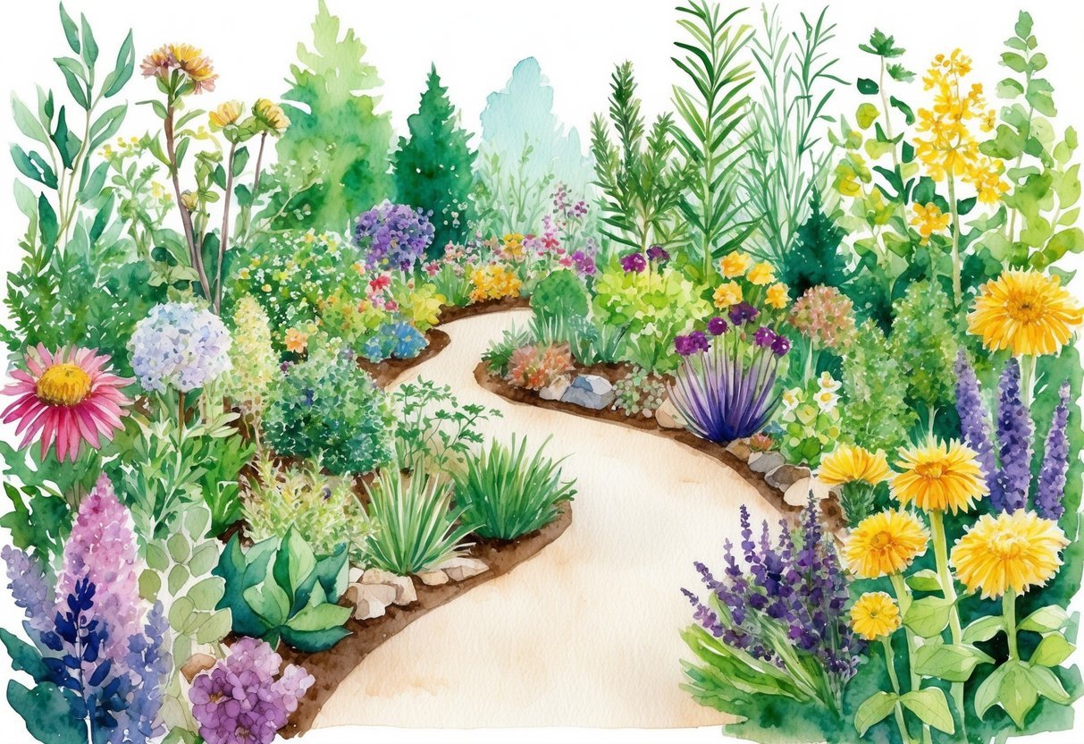 A colorful array of flowers, herbs, and textured plants fill the garden. A winding path leads to a central area with a variety of tactile and aromatic elements for children to explore